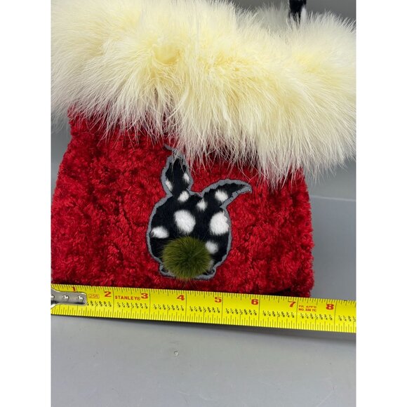 Cowbunnies Red Plush Bunny Handbag With Faux Fur Trim & Polka Dot Handle - Picture 8 of 10